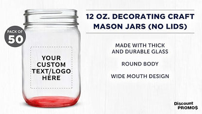 DISCOUNT PROMOS Custom Decorating Mason Jars 12 oz. Set of 50, Personalized Bulk Pack - Glass Jars for Overnight Oats, Candies, Fruits, Pickles, Spices, Beverages - Red