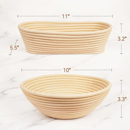Banneton Bread Proofing Baskets Set of 2, 10" Round & 11" Oval Sourdough Proofing Baskets with Liners, Proofing Baskets for Sourdough Bread Baking