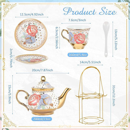 Zhehao 20 Pcs Porcelain Tea Set with Metal Holder and Spoon Adult Ceramic Tea Party Set European Flower Painting Teapot Cup Saucer Spoon Set for Women, Large Version(Romantic Style)