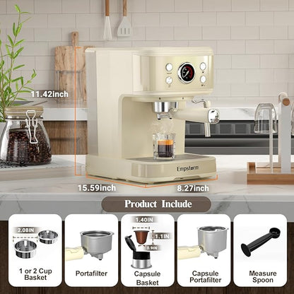 White Espresso Machine with Milk Frother, Cappuccino Machines for Home, Coffee Espresso Machine Suitable for Coffee Powder/NS Original Capsules, Espresso Maker with Thermometer