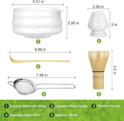 Marce Matcha Whisk Set- Matcha Set includes Matcha Whisk and Bowl with Spout, Sifter, Holder and Scoop- The Perfect Bamboo Whisk for Matcha Tea (White)