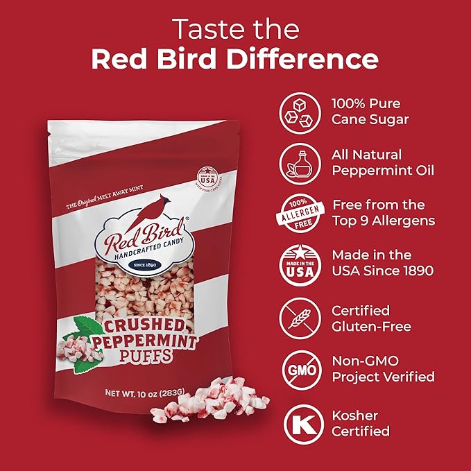 Red Bird Crushed Peppermint Puffs, Soft Crushed Peppermint Candy Topping for Baking, Ice Cream & Drinks, 10 oz Bag