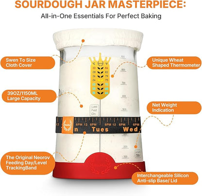 Pro Sourdough Starter Kit - 39 Oz Glass Sourdough Starter Jar (With Cloth Lid,Silicone Base,Scraper,Date Tracker,Temp Strip) - Sourdough Bread Baking Supplies For Sour Dough Bread Loaf (Red)