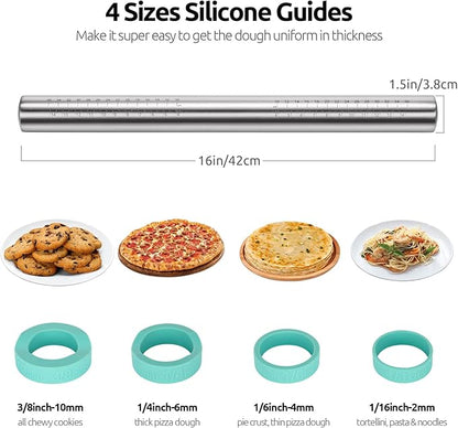 U-Taste 18/8 Stainless Steel 16 inch Adjustable Rolling Pin with Silicone Removable Thickness Rings, Nonstick Kitchen Roller Pin for Baking Cookies Pastry Pizza Pasta Dough Fondant (Teal/Aqua Sky)