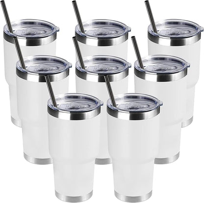 DOMICARE 30oz Tumbler Bulk with Lid and Straw, Double Wall Travel Coffee Mug, Insulated Vacuum Stainless Steel Tumblers, Powder Coated Tumbler Cup (White, 8)