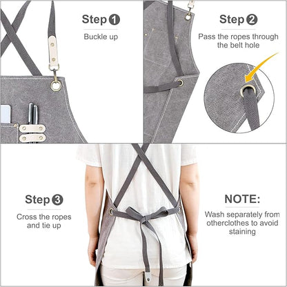 Cotton Canvas Cross Back Apron for Art Painting Garden Chef Bartender Work,Women Men 3 Pockets Waterproof Adjustable M-XXL