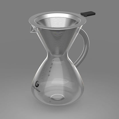 Coffee Gator Pour Over Coffee Maker - 27oz High Heat Borosilicate Glass with Reusable Stainless Steel Filter, Drip Coffee Brewer Dripper Set Carafe, 800ml Clear
