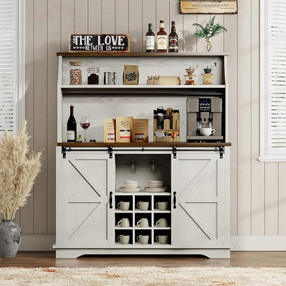 47 Inch Farmhouse Coffee Bar Cabinet with 3-Tier Storage, Kitchen Hutch with 9 Wine Racks & 3 Glass Holders, Coffee Bar with 6 Hooks, Wine Bar Cabinet for Dining Living Room, White