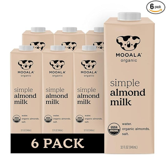 Mooala Organic Simple Almond Milk, 32oz - 3 Ingredient, Shelf Stable, No Gums, No Oils, No Fillers, Unsweetened, Non-GMO, No Additives, Dairy Free Plant Based Milk, 6 pack