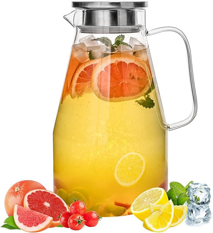 Glass Pitcher with Lid,1 Gallon Glass Water Pitcher Hot/Cold Water Jug, Juice and Iced Tea Beverage Carafe with Lid (Extra-Wide Mouth)