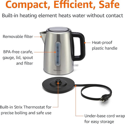 Amazon Basics Electric Stainless Steel Kettle for Tea and Coffee, BPA-Free, Fast Boiling, Auto Shut-Off, 1.8 Quarts, 1500W, Black and Silver