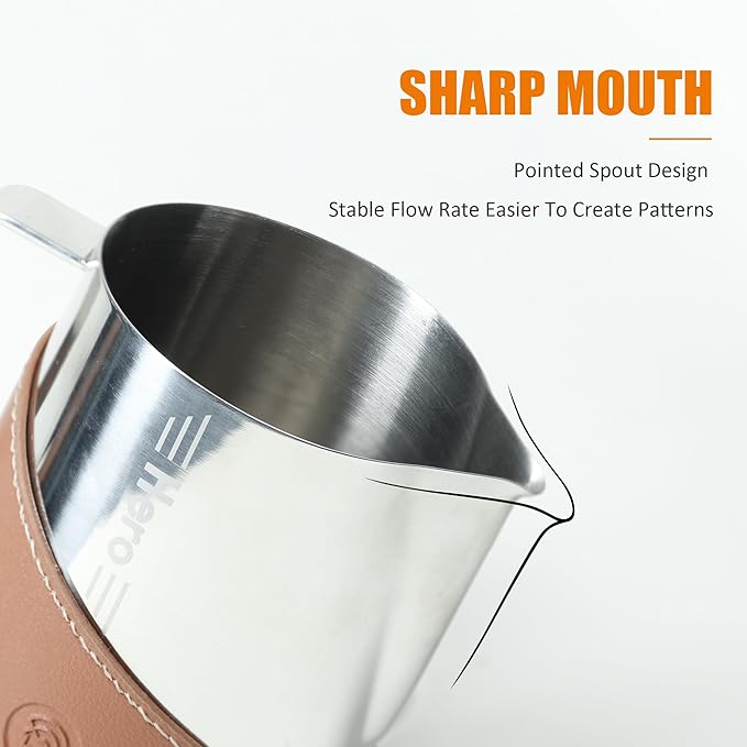 Milk Frothing Pitcher 450ml/16oz 304 Stainless Steel Espresso Steaming Pitcher with PU Leather, Milk Frothing Jug,milk frother cup,Milk Jug Cup,Premium Barista Tools,Latte Art (Bright,16oz)