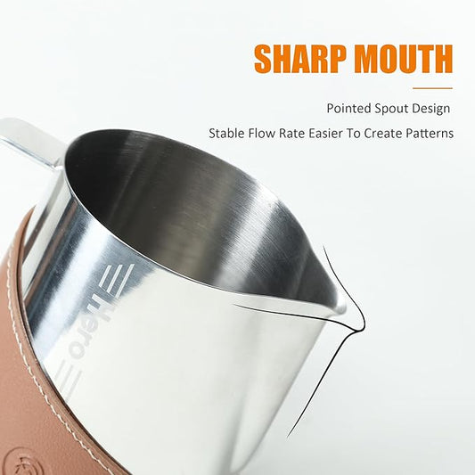 Milk Frothing Pitcher 450ml/16oz 304 Stainless Steel Espresso Steaming Pitcher with PU Leather, Milk Frothing Jug,milk frother cup,Milk Jug Cup,Premium Barista Tools,Latte Art (Bright,16oz)