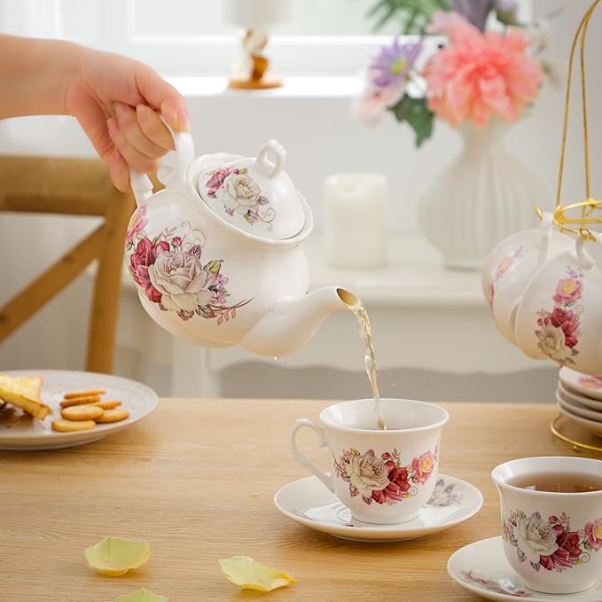 20-Pieces Porcelain Bone china Tea Sets,Gold Rim Coffee Set with Golden Metal Rack,Tea Gift Sets for Home&Party(003)