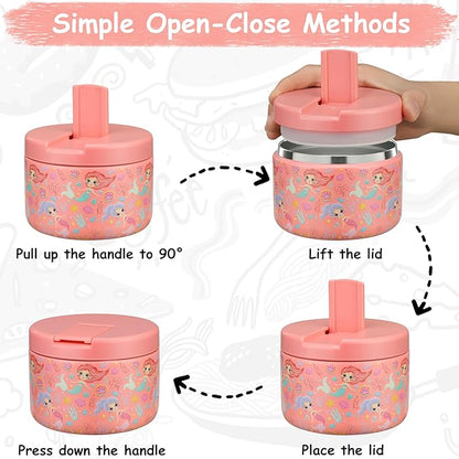 12oz Insulated Vacuum Food Jar with Buckle Lid Wide Mouth Soup Thermo for Hot Food Kids Leakproof Stainless Steel Lunch Container (mermaid)