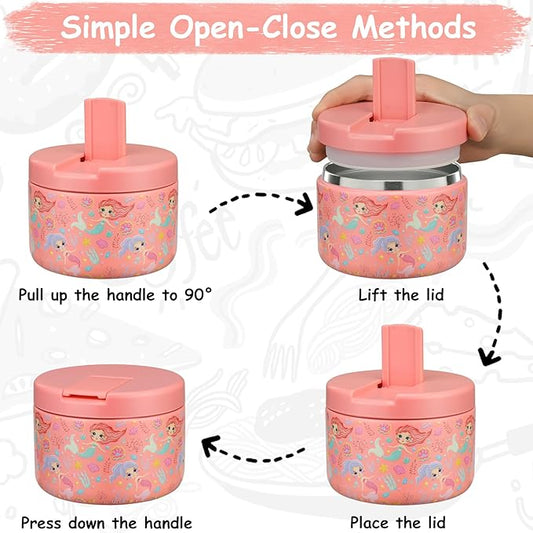 12oz Insulated Vacuum Food Jar with Buckle Lid Wide Mouth Soup Thermo for Hot Food Kids Leakproof Stainless Steel Lunch Container (mermaid)