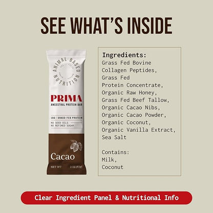 PRIMA ANCESTRAL PROTEIN BAR Grass Fed Protein Bars, 7 Pack – Animal-Based Protein Bar with Beef Tallow, Raw Honey, Seed Oil Free, Low Carb, Gluten-Free – Healthy, Energy Snacks for Clean Lifestyle (7 Pack, Cacao)