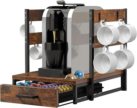 Coffee Pod Holder, Vertuo Pod Holder Compatible with Nespresso, 28 Large or 56 Small Nespresso Capsule Organizer Drawer Station with Cup Rack, Rustic Brown