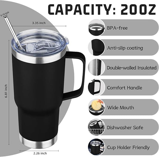 20 oz Tumbler with Handle Stainless Steel Insulated Coffee Mug Tumbler with Lid and Straw Double Wall Vacuum Insulated Coffee Mug Leak Proof Travel Mug Tumbler for Hot and Cold Drink (Black,8pack)