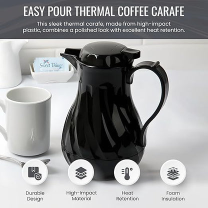 OCS Parts Easy Pour Thermal Coffee Carafe | 10-Inch Insulated Hot and Cold Beverage Pitcher Server for Coffee, Tea, Hot Chocolate and Water with Colored Tags for Easy Idenfication | 42-Ounce | Black