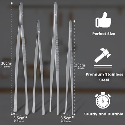 HOTEC Kitchen Tweezers Tongs Stainless Steel, Set of 4-10" and 12inch Extra-Long Food Tweezers Fine Kitchen Tongs for Cooking,Grill and Baking