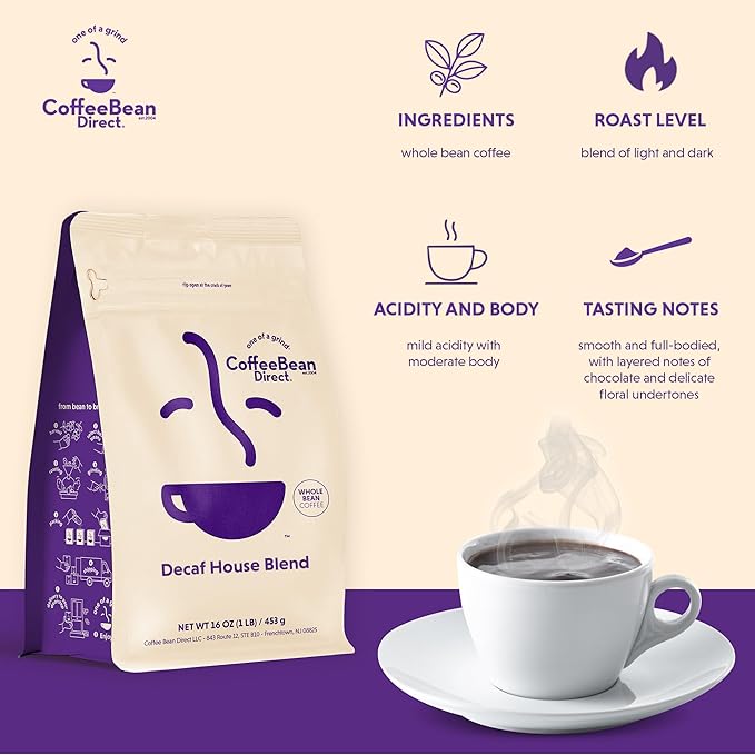 Coffee Bean Direct Decaf House Blend, Whole Bean Coffee, Mixed Roast Level, 1 Pound Bag (Pack of 1)