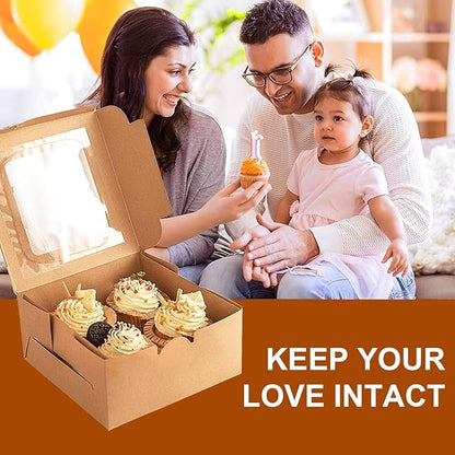 OAMCEG 50 PCS Cookie Boxes with Window, 6x6x3 Inch Cupcake Boxes, Brown Bakery Containers for Pastry, Dessert, Chocolate Strawberries, Treat Boxes with Stickers & Jute Twine