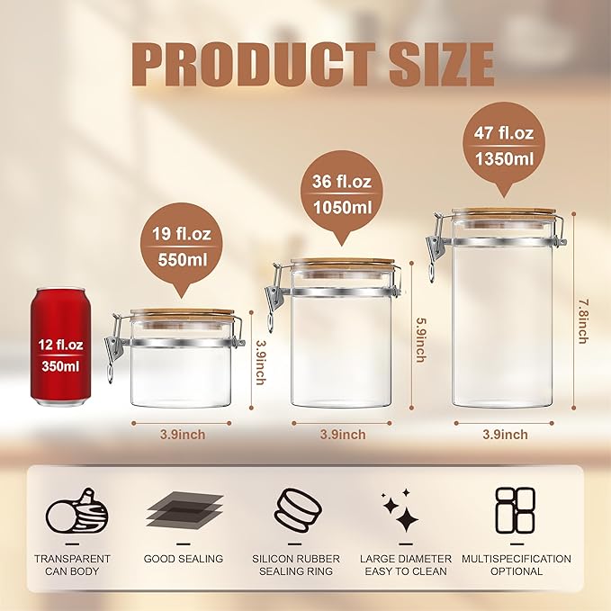 47 oz/1350ml Clear Glass Storage Canister with Airtight Bamboo Lid, Large Decorative Container Jar for Coffee Spice Candy Salt Tea Cookie Condiment Pepper Sugar Overnight Oatmeal Snacks