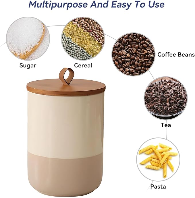Coffee Canister, Ceramic Food Storage Jars with Lids Salt Matcha Container Brown Sugar Container Bowl for Kitchen Tea, Coffee Beans, Spice (#001Khaki-44oz/1300ml)