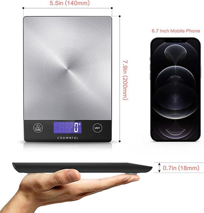 CROWNFUL Food Scale, Rechargeable 304 Stainless Steel Digital Kitchen Scale Upto 33lb Weight Grams and Ounces with LCD Display and Type-C Charging for Baking and Cooking