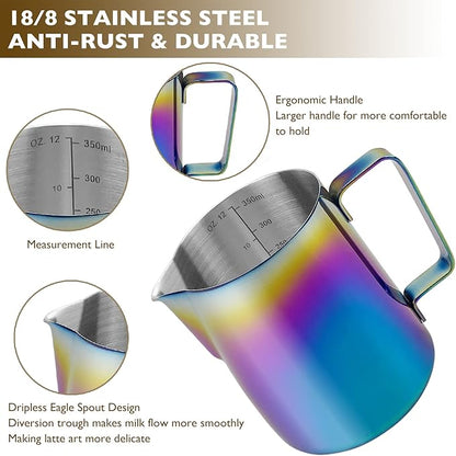 CAMKYDE Stainless Steel Milk Frothing Pitcher 12 oz, Espresso Steaming Pitcher with Decorating Pen for Espresso Machines, Cappuccino, Latte Art (Colour)