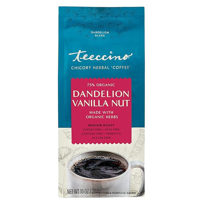 Teeccino Dandelion Vanilla Nut Herbal Coffee - Caffeine-Free Coffee Alternative with Prebiotics, Gluten Free, Acid Free - Medium Roast, 10 oz