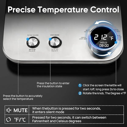 COZII Gooseneck Electric Kettle,5 Presets & ±1℉ Temperature Control 1200W Quick Heating Water Boiler for Coffee/Tea, 24H Keep Warm, Auto Shut Off Pour Over Kettle with 50pcs Coffee Filter,0.9L Silver