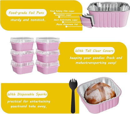 25 Pack Square Mini Cake Pans with Lids,Mini Loaf Pans with Lids,Aluminum Foil Baking Cups,Disposable Ramekins Cupcake Cups,Dessert Cups for Wedding Birthday Party Picnics,5oz (Pink)