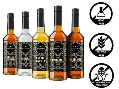 Café Le Rou Coffee Syrup Variety 5-Pack- 25.4 oz Vanilla, French Vanilla, Caramel, Salted Caramel, Hazelnut Coffee Flavoring Syrup for Coffee, Tea and Espresso