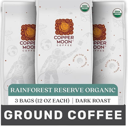 Copper Moon Ground Coffee, Organic Rainforest Reserve, Dark Roast, 3 Bags (12 oz. Each)