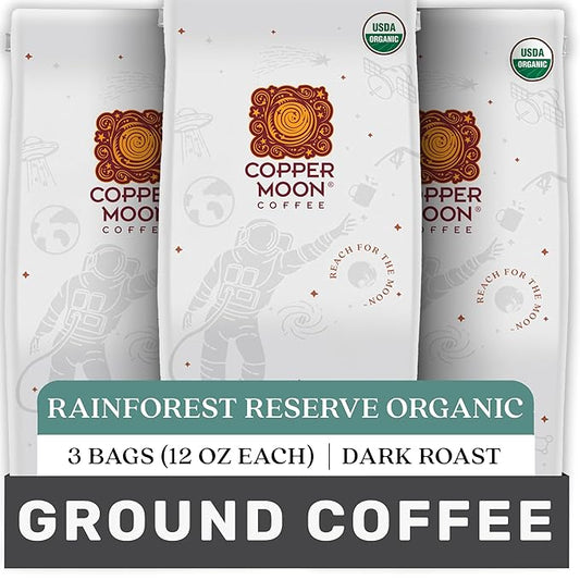 Copper Moon Ground Coffee, Organic Rainforest Reserve, Dark Roast, 3 Bags (12 oz. Each)
