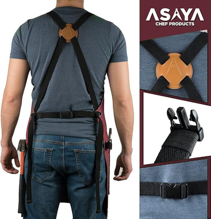 Asaya Chef and BBQ Apron with Bottle Opener and Hand Towel - 10oz Cotton Canvas, Stainless Steel Hardware - Cross Back Straps
