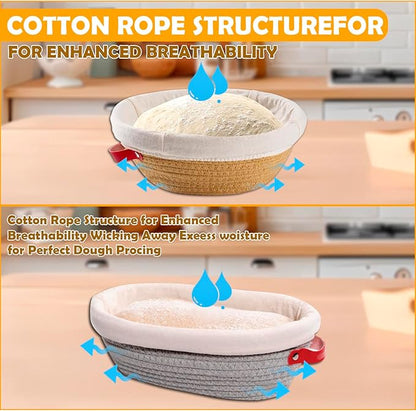 Handmade Cotton Rope Banneton Bread Proofing Basket Set,Oval & Round Bread Baskets - With Liner & Cloth Cover，for Home Sourdough Bakers Baking