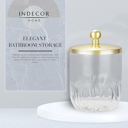 Glass Jar with Metal Lid for Bathroom Organization, Clear Apothecary Jar for Cotton Balls, Q Tips, and Small Accessories, Stylish Bathroom Storage Container Gold