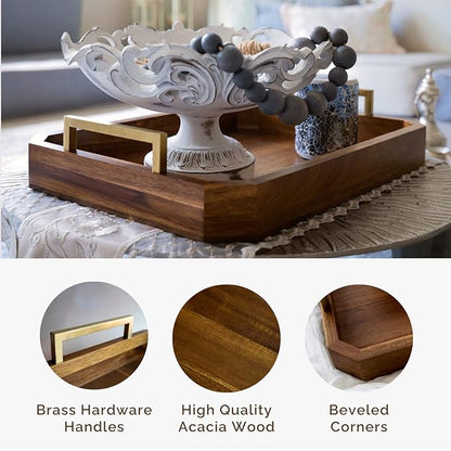 Decorative Acacia Wood Ottoman Tray - Coffee Table Tray - Breakfast, Party, Drinks, Snack, Liquor Serving Platter - Farmhouse to Modern - Brass Handles (Varnish)