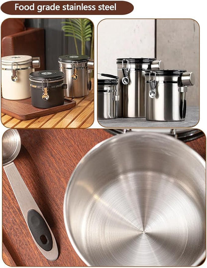 Coffee Canister Airtight Storage Container Stainless Steel Air Tight Coffee Jar with Scoop, Date Tracker CO2 Release Valve for Dry Food, Beans, Ground, Tea, Flour, Cereal and Sugar (1.8L-Silver-2pcs)