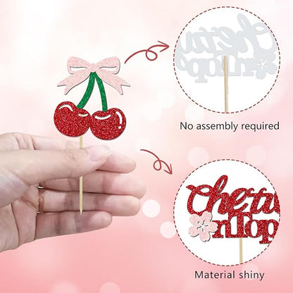 24 Pack She's the Cherry On Top Cupcake Toppers, Glitter Cherry Sweet Cake Pick for Fruits Theme Baby Shower and Bridal Shower Decorations Supplies (Top)