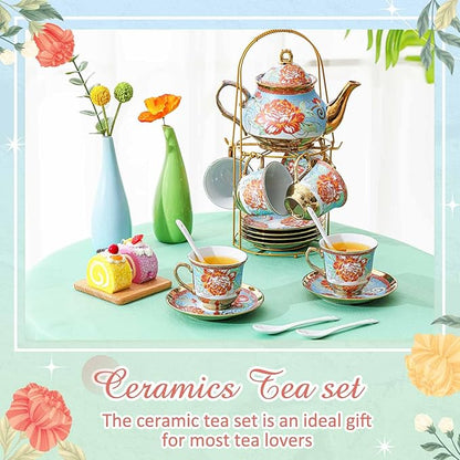 Zhehao 20 Pcs Porcelain Tea Set with Metal Holder and Spoon Adult Ceramic Tea Party Set European Flower Painting Teapot Cup Saucer Spoon Set for Women, Large Version(Retro Style)