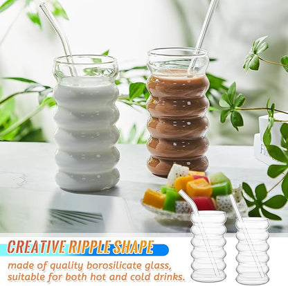 Tessco for you 4 Pcs Creative Glass Cups Vintage Drinking Glasses Ribbed Glassware Aesthetic Cup Entertainment Dinnerware Glassware with Straws Set for Kitchen Coffee Beverage(16 oz,Clear)