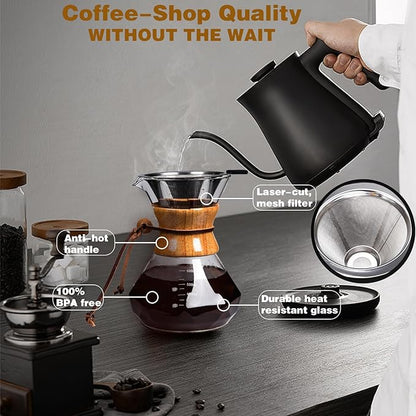 Pour Over Coffee Maker with Reusable Stainless Steel Drip Filter, Lead-Free Borosilicate Glass Coffee Carafe with Modern Wooden Collar for 1-4Cup, Diamond Clear (600ml/20oz)