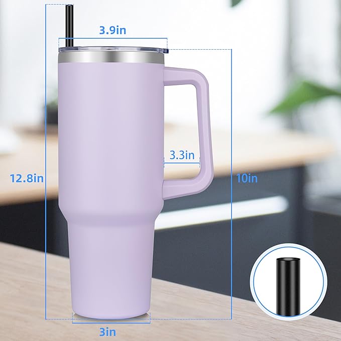 DOMICARE 40 oz Tumbler with Handle and Straw, Stainless Steel Tumbler with Lid and Straw, Reusable Vacuum Insulated Cup, Travel Coffee Mug, Lavender, 4Pack