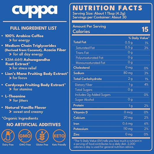 Cuppa French VanillaHealthy Mushroom Instant Coffee with Lion's Mane & Ashwagandha for All Day Energy & Focus - No Crash or Jitters - Nootropics for Brain Health, Gut Health, Immunity, Stress, Memory + Mood - 60 Servings