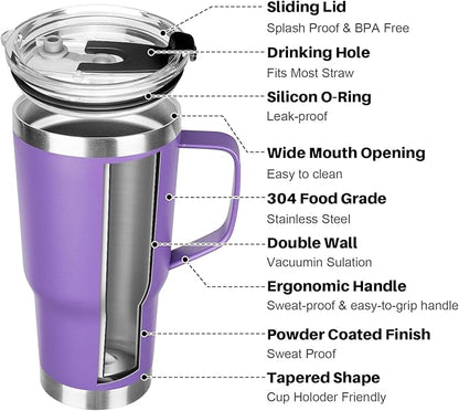20 oz Tumbler with Handle, Stainless Steel Insulated Tumbler with Lid and Straw, Double Wall Vacuum Coffee Mug Tumbler, Insulated Coffee Thermal Cup for Cold and Hot (Purple)