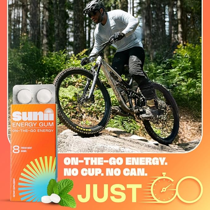 Sunii - Energy Gum - NEW Quick Boost Energy & Focus - 50mg Caffeine Gum -Vitamins B6 & B12, Taurine, Vegan, No Sugar, Zero Calorie, Fresh Mint Taste - Faster than Chews, Drinks, Gels & Pills (24pcs)